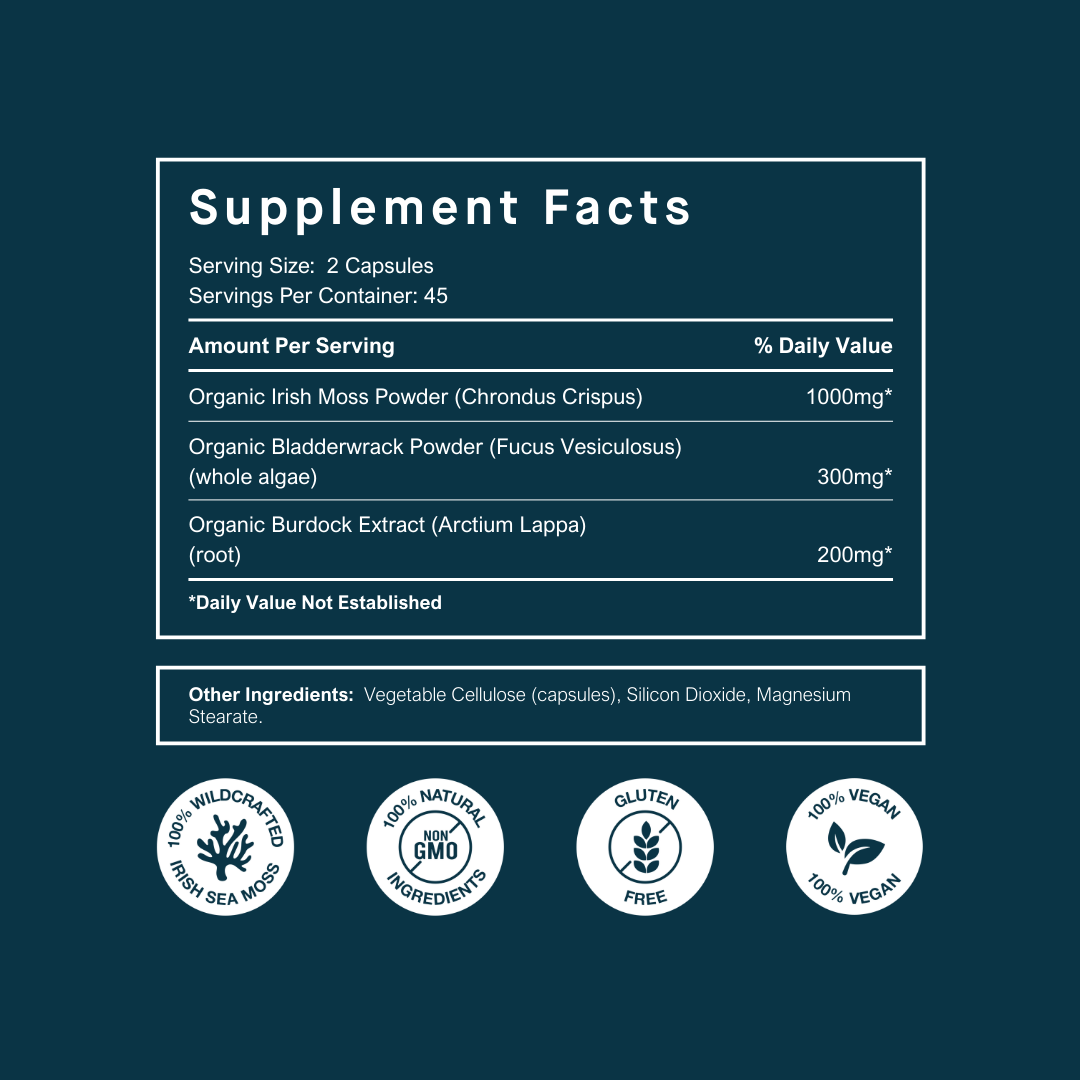 Organic Irish Sea Moss With Bladderwrack and Burdock Root - 45 Servings